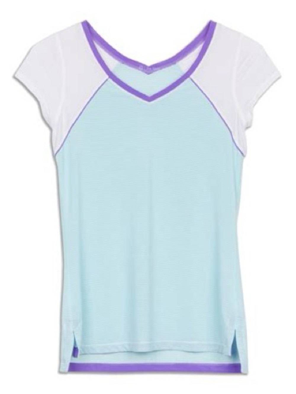 Lululemon RuMod Moves V-Neck Aquamarine/Power Purple and White Cap Sleeves
